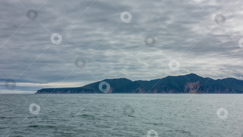 Скачать Побережье Камчатки на фоне Тихого океана и пасмурного неба. фотосток Ozero