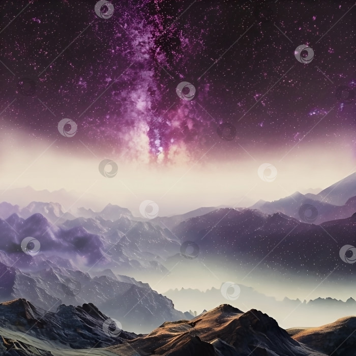 Скачать Туманный космический пейзаж с горами на фоне Млечного пути фотосток Ozero