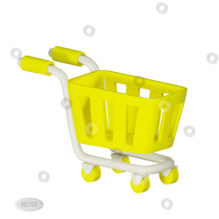 Скачать Рендер пустой желтой тележки-корзины на колесах для покупок и торговли. Векторная 3d иллюстрация, изолированная на белом фоне фотосток Ozero