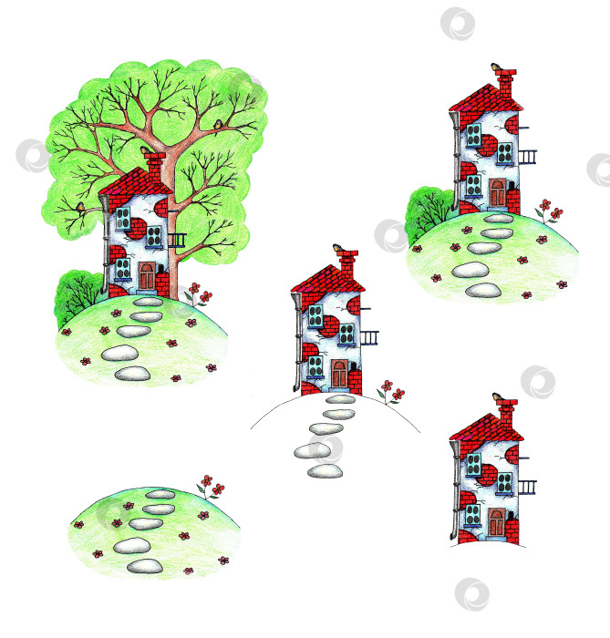 Скачать Набор домиков, цветной карандаш фотосток Ozero