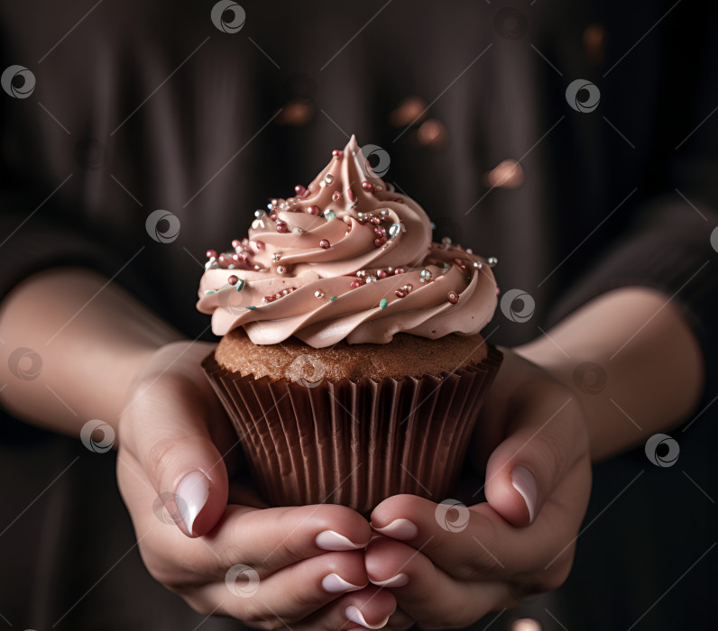 Скачать Женщина, держащая в руках шоколадный кекс, крупным планом. Женские руки держат кекс с кремом из темного шоколада. Шоколадный кекс в руках. Праздничная концепция. Порождающий искусственный интеллект фотосток Ozero