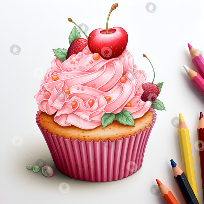 Скачать Нарисованный от руки ванильный кекс с вишенкой сверху, винтажный красочный эскиз еды, выделенный на пастельно-розовом фоне. Иллюстрация кекса для дизайна, меню, веб-сайта, наклейки, плаката, баннера. Созданный искусственным интеллектом фотосток Ozero