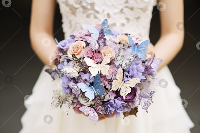 Скачать Генеративный искусственный интеллект. свадебный тренд. женщина держит букет бабочек и цветов фиолетового и синего цветов на фоне белого платья. фотосток Ozero