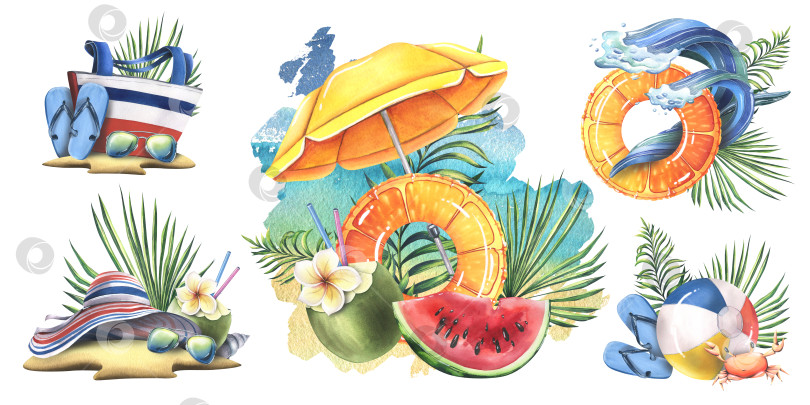 Скачать Лето, пляж, нарисованные от руки акварельные иллюстрации с надувными кругами, мячом, сумкой, шляпой, пальмовыми ветвями, кокосами. Набор изолированных композиций на белом фоне. фотосток Ozero