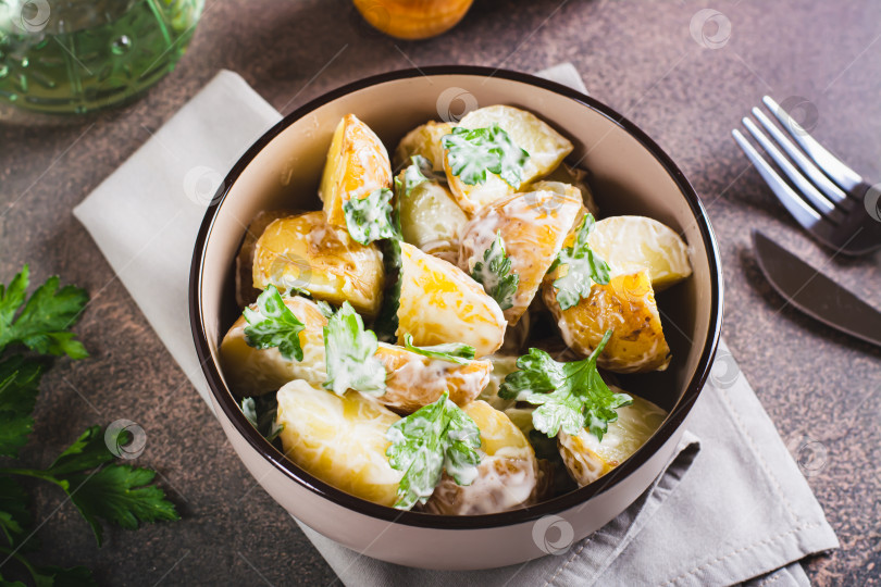 Скачать Вкусный картофельный салат с петрушкой и майонезом в тарелке на фотосток Ozero