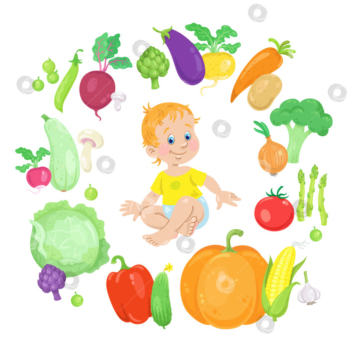 Скачать Детское и здоровое питание. Счастливый маленький ребенок в окружении разноцветных овощей. фотосток Ozero