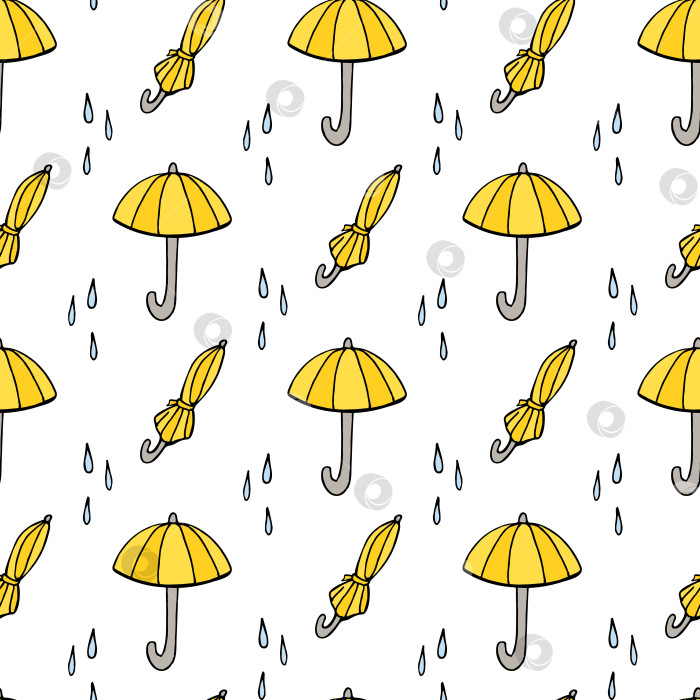 Скачать Бесшовный узор с зонтиками и каплями дождя на белом фоне. Векторное изображение. фотосток Ozero
