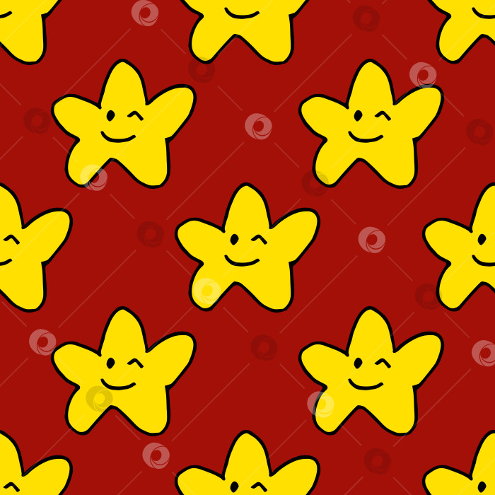 Скачать Бесшовный узор с улыбающимися желтыми звездами на красном фоне. Векторное изображение. фотосток Ozero