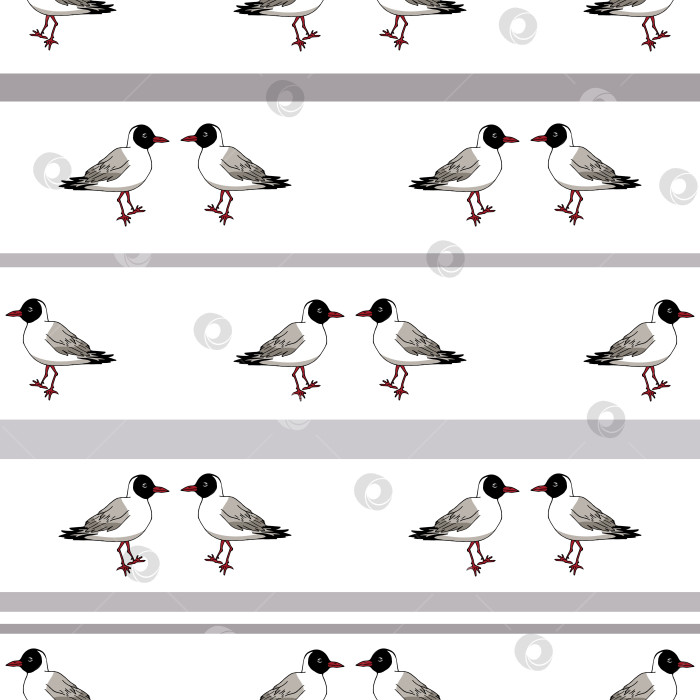 Скачать Бесшовный узор с креативной озерной чайкой на белом фоне. Милая птичка. Векторное изображение. фотосток Ozero