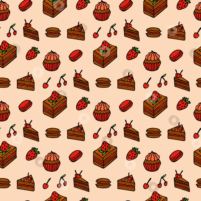 Скачать Бесшовный узор с маленькими пирожными на светло-оранжевом фоне. Векторное изображение. фотосток Ozero