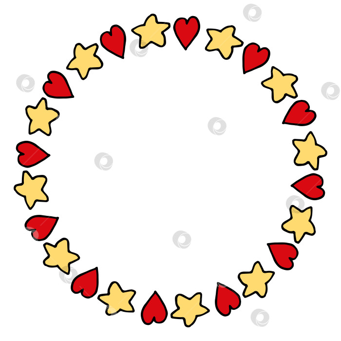 Скачать Круглая рамка с нарисованными звездами и красными сердечками на белом фоне. Векторное изображение. фотосток Ozero
