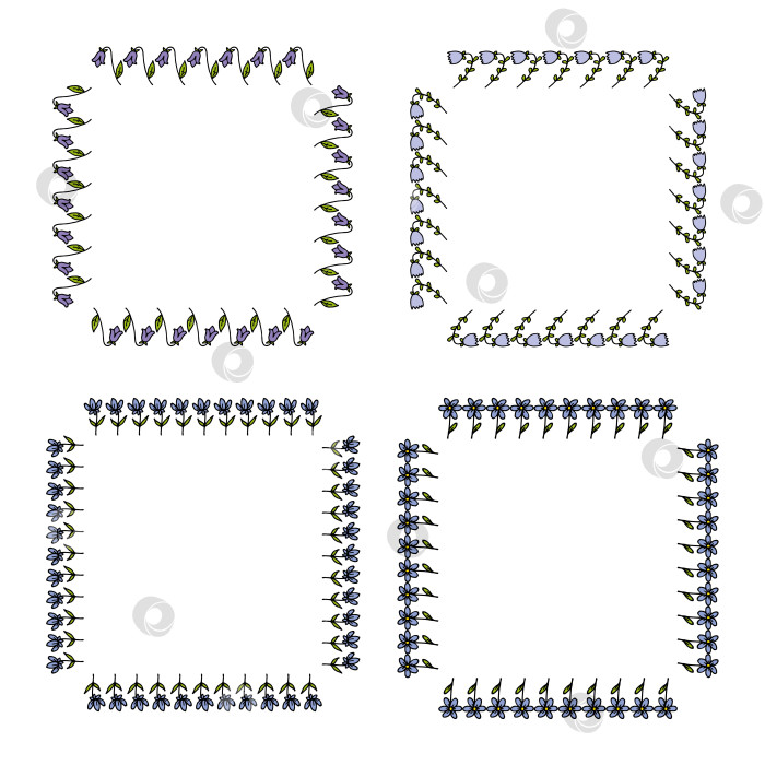 Скачать Набор рамок с каракулями голубых цветов на белом фоне. Векторное изображение. фотосток Ozero