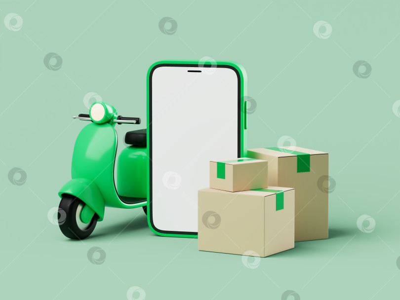 Скачать Простой смартфон catroon с 3d-рендерингом скутера для доставки и коробок для доставки. фотосток Ozero