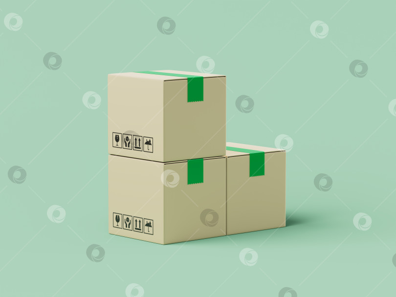 Скачать Простая мультяшная стопка картонных коробок для доставки с 3d-рендерингом клейкой ленты. фотосток Ozero