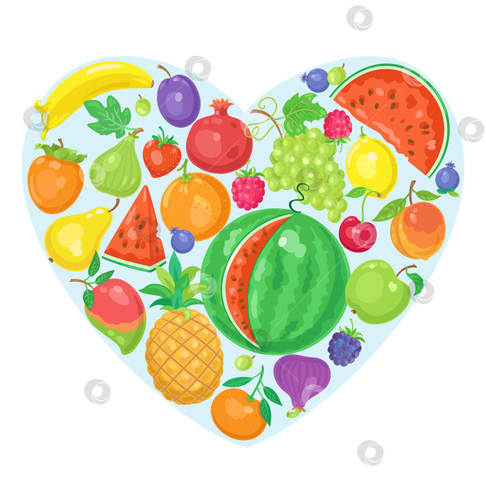 Скачать Разноцветные свежие фрукты, расположенные в форме сердца. фотосток Ozero