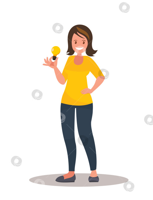 Скачать Иллюстрация, изображающая женщину, держащую в руке электрическую лампочку. Векторная иллюстрация. фотосток Ozero