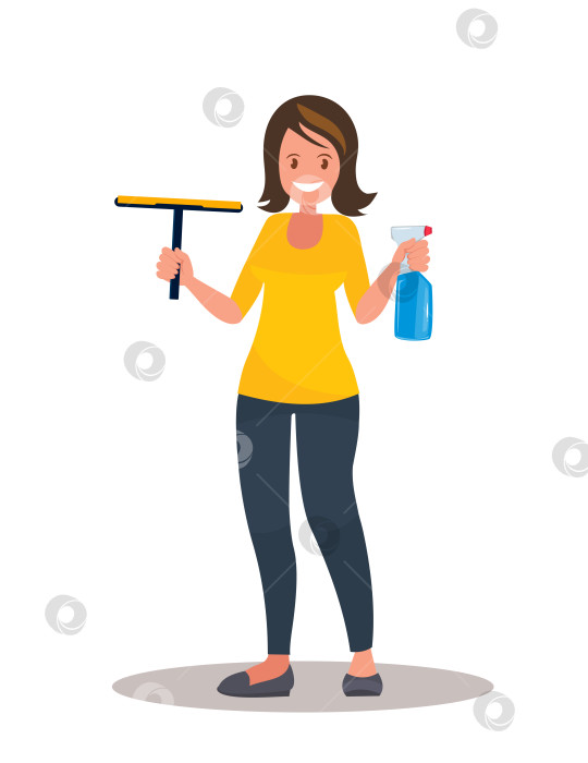 Скачать Векторная мультяшная иллюстрация женщины, идущей мыть окно с чистящим спреем в руках. фотосток Ozero