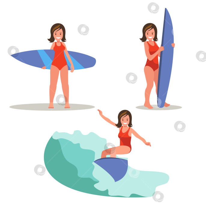 Скачать Набор изображений женщины-серфингистки. Позирует с доской для серфинга, катаясь на волнах. фотосток Ozero