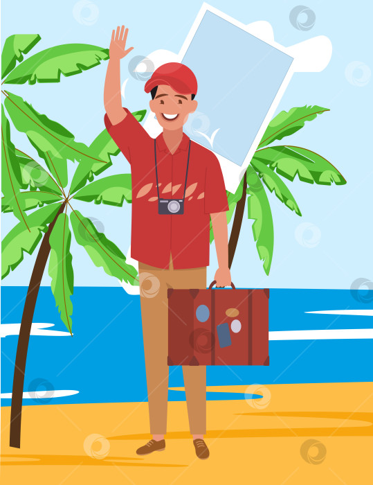 Скачать Мужчина в поездке на тропический остров с пальмами. Векторная иллюстрация. фотосток Ozero