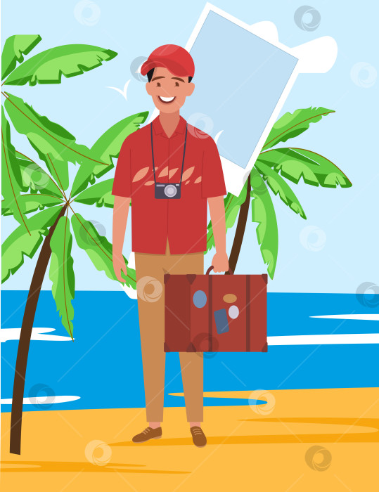 Скачать Мужчина в поездке на тропический остров с пальмами. Векторная иллюстрация. фотосток Ozero