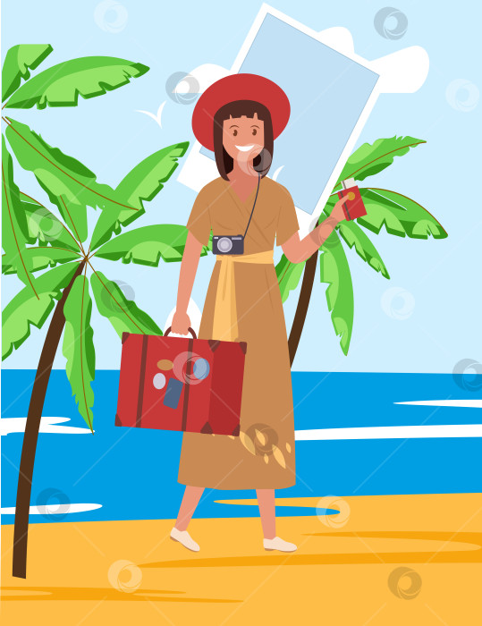 Скачать Женщина в поездке на тропический остров с пальмами. Векторная иллюстрация. фотосток Ozero