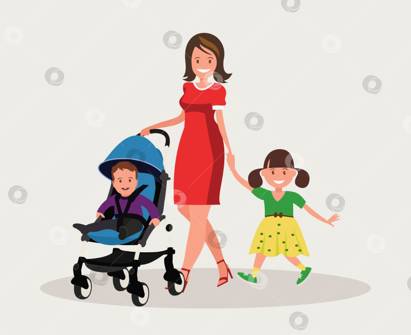 Скачать Материнство. Счастливая молодая мама со своей дочерью и малышом в детской коляске. фотосток Ozero