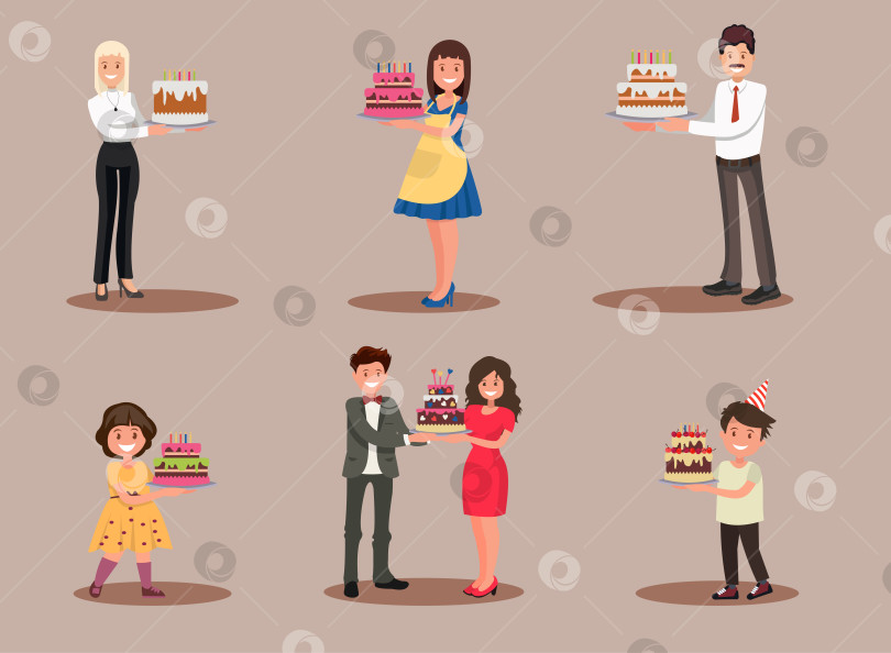 Скачать Набор персонажей с тортом. Офисный работник, бизнесмен, домохозяйка, дети празднуют. фотосток Ozero