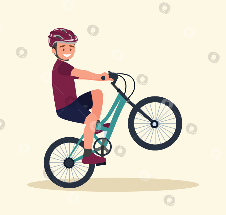 Скачать Молодой человек выделывает трюки в воздухе на велосипеде. Велосипедист-акробат - это публичное развлечение. Векторная иллюстрация. фотосток Ozero