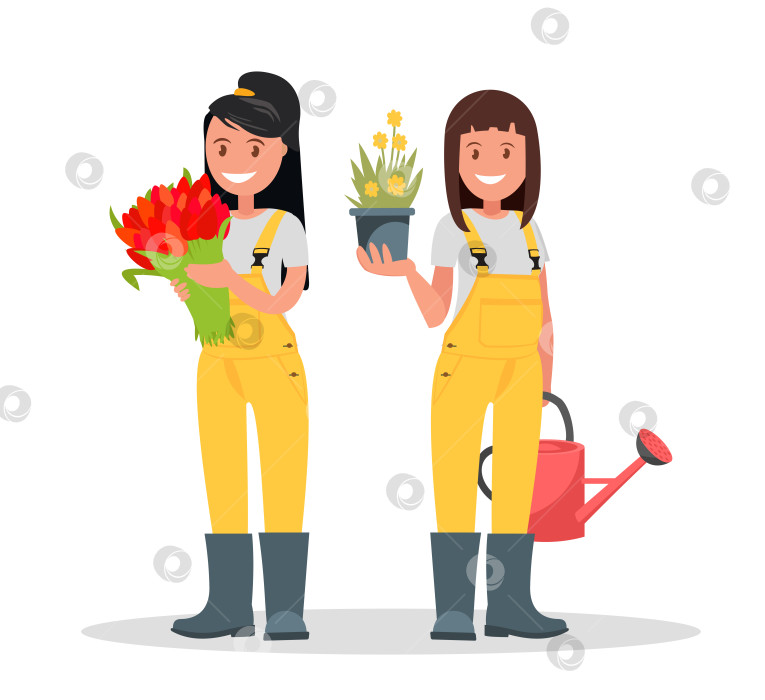 Скачать Пара Садовников. Женщины держат в руках цветы, цветочный горшок и лейку. фотосток Ozero