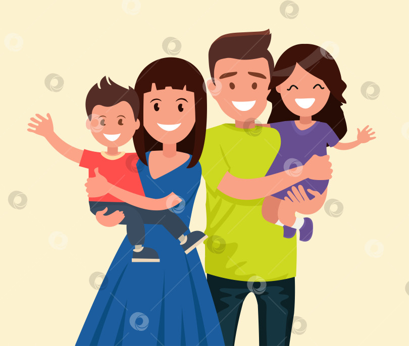 Скачать Счастливая семья. Отец, мать, сын и дочь. Родители держат на руках своих детей. фотосток Ozero