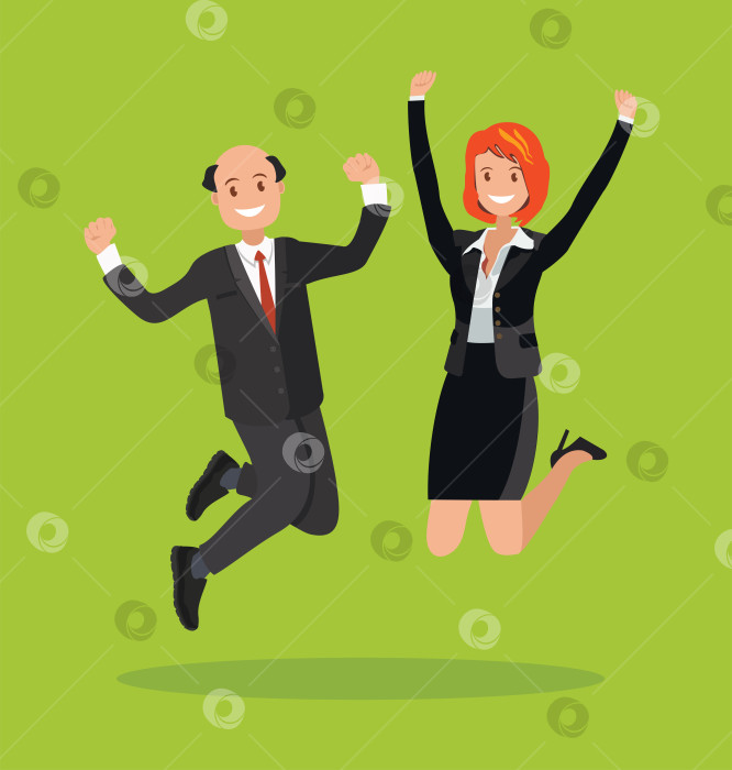 Скачать Веселая команда деловых людей, мужчина и женщина прыгают, празднуют победу. фотосток Ozero