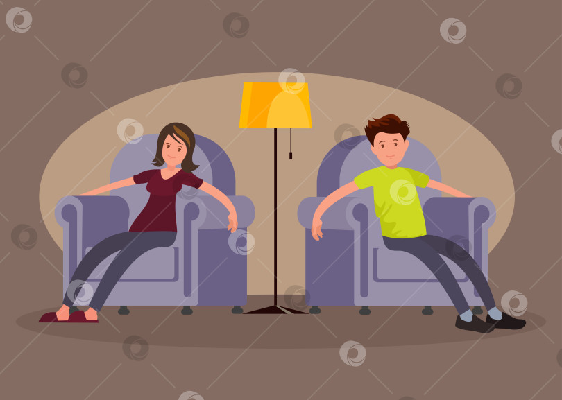 Скачать Уставшие мужчина и женщина пришли домой с работы и сидят в мягком кресле. фотосток Ozero