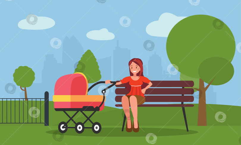 Скачать Материнство. Молодая мама сидит на скамейке с детской коляской в парке. фотосток Ozero