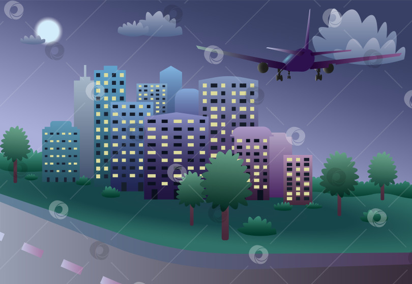 Скачать Иллюстрация ночного городского пейзажа с самолетом фотосток Ozero