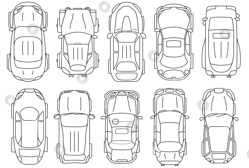 Скачать Транспортные средства для создания архитектурного антуража. Набор автомобилей с кузовом седан в виде наброска сверху. Векторная автомобильная коллекция. фотосток Ozero