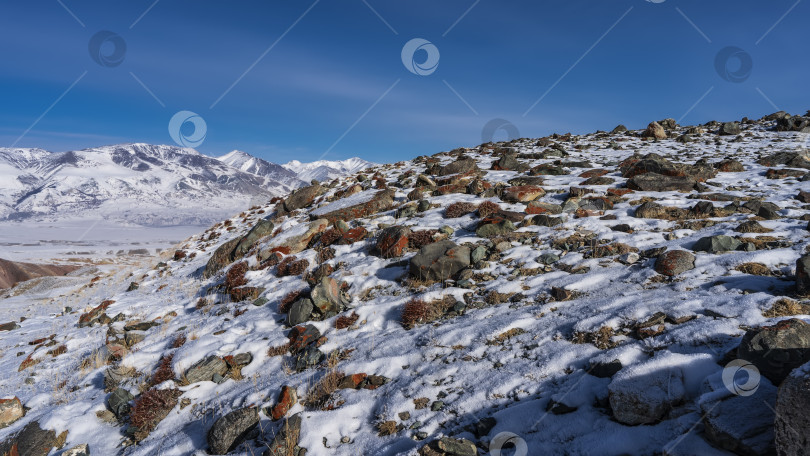 Скачать Камни разбросаны по заснеженной вершине холма. фотосток Ozero