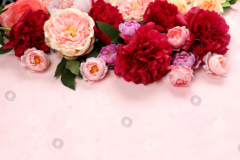 Скачать Цветочная композиция с местом для текста, красивые цветы пиона и розы на старом розовом фоне в стиле гранж, летний баннер, цветочная поздравительная открытка на свадьбу, день рождения, шаблон для дизайна, выборочный фокус фотосток Ozero