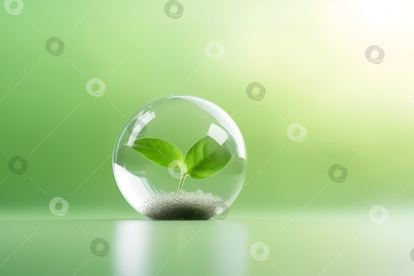 Скачать Маленькое деревце в хрустальном шаре на столе. Защита окружающей среды, возобновляемые источники энергии и концепция новой жизни, зеленый бизнес. Маленькое растение на столе. Концепция "Зеленого мира", день Земли. Созданный искусственным интеллектом фотосток Ozero