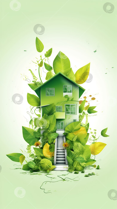 Скачать Иллюстрация экологического дома на белом фоне. Защита окружающей среды, возобновляемые источники энергии и концепция новой жизни, зеленый бизнес. Концепция "Зеленого мира", день Земли. Созданный искусственным интеллектом фотосток Ozero