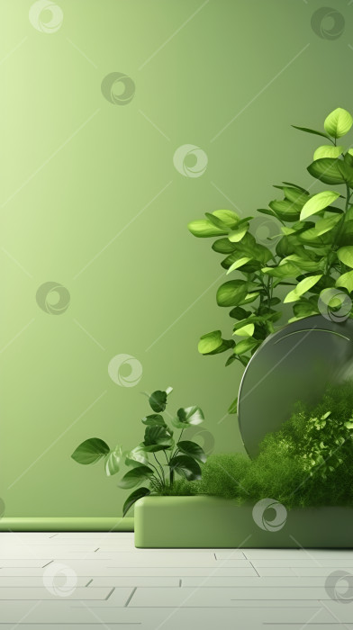 Скачать Минималистичный макет с геометрическими формами. Подиум на зеленом фоне с зелеными листьями растений. презентация продукта, макет, демонстрационный продукт, подиум, сценический пьедестал или платформа. Созданный искусственным интеллектом фотосток Ozero