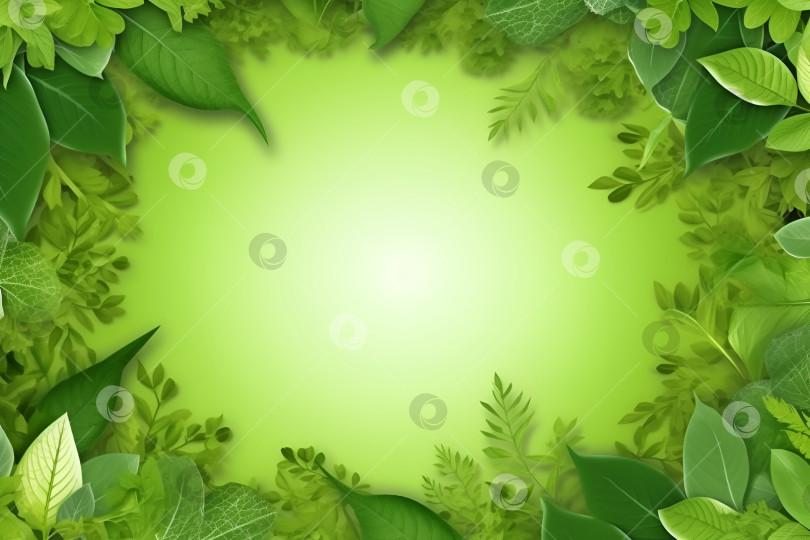 Скачать Минималистичный макет иллюстрации со свободным пространством для текста в центре. Зеленый фон с зелеными листьями растений для презентации, макета, демонстрационного продукта, подиума, пьедестала сцены или платформы. Созданный искусственным интеллектом фотосток Ozero
