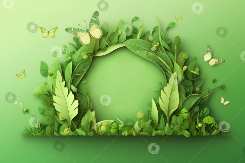 Скачать Минималистичный макет иллюстрации со свободным пространством для текста в центре. Зеленый фон с зелеными листьями растений для презентации, макета, демонстрационного продукта, подиума, пьедестала сцены или платформы. Созданный искусственным интеллектом фотосток Ozero