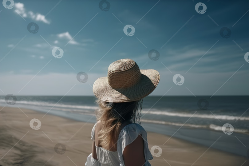 Скачать Вид сзади на женщину в соломенной шляпе и белом платье на пляже летним днем, берег и море. Летние каникулы, поездка, досуг. Порождающий искусственный интеллект фотосток Ozero