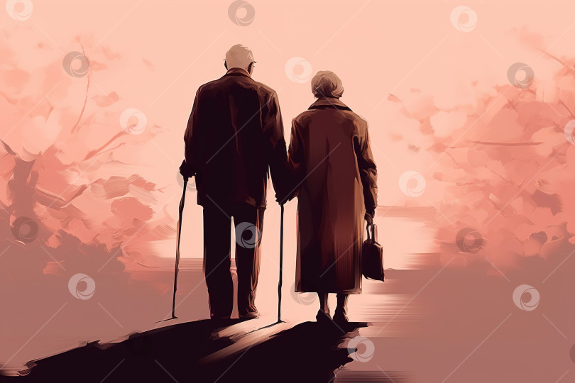 Скачать Вид сзади на пожилую пару вместе, пожилая жена поддерживает своего мужа на прогулке. Пожилая любовь, романтика и отношения. Порождающий искусственный интеллект фотосток Ozero
