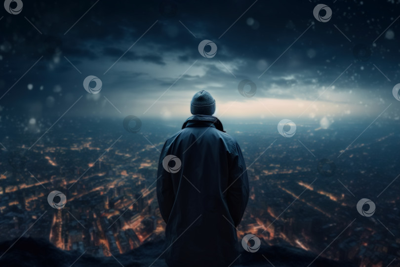 Скачать Вид сзади на одинокого задумчивого неузнаваемого мужчину в шляпе и куртке, стоящего на утесе на фоне ночного города и смотрящего на светящийся урбан. Порождающий искусственный интеллект фотосток Ozero