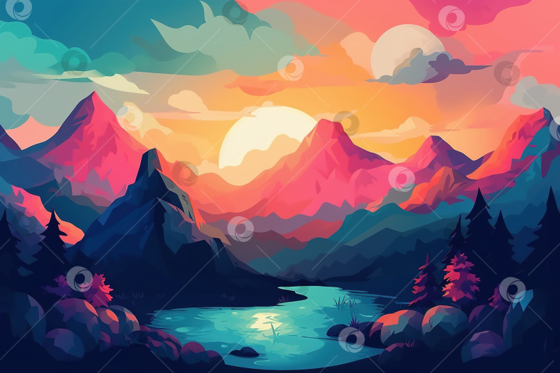 Скачать Красочный пейзаж на закате в горах, иллюстрация. Порождающий искусственный интеллект фотосток Ozero