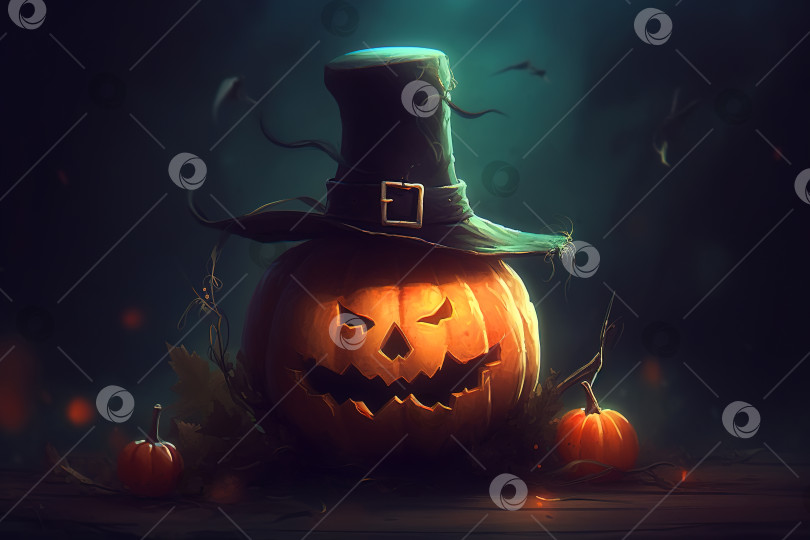 Скачать Жуткая тыква на Хэллоуин в шляпе, мрачная иллюстрация ужаса. Порождающий искусственный интеллект фотосток Ozero