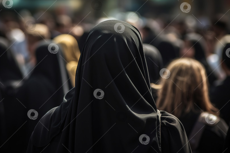 Скачать Вид сзади на женщину в черном хиджабе в толпе людей на улице, крупный план. Порождающий искусственный интеллект фотосток Ozero