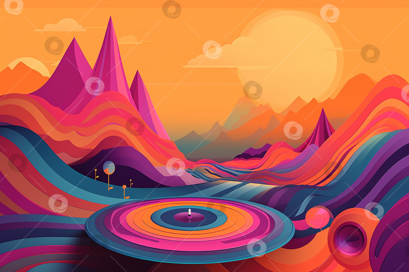 Скачать Волновой красочный пейзаж в стиле сюрреализма с виниловой пластинкой, психоделическая иллюстрация. Порождающий искусственный интеллект фотосток Ozero