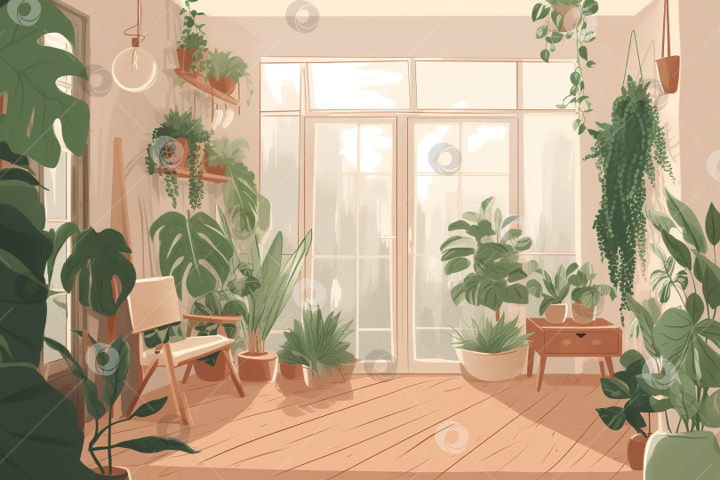 Скачать Комната в квартире биофилии, комнатные растения, окно в солнечный день в помещении. Иллюстрация, Генеративный искусственный интеллект фотосток Ozero